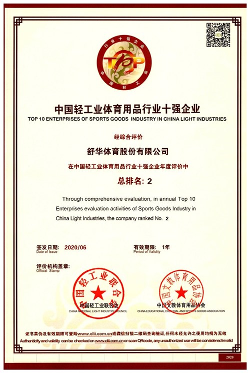 恭贺leyu.乐鱼代理的品牌-舒华荣获"中国轻工业体育用品行业十强企业"